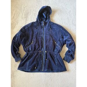 Vintage East West Small Velour Jacket Hooded Full Zip Drawstring Waist Blue Coat